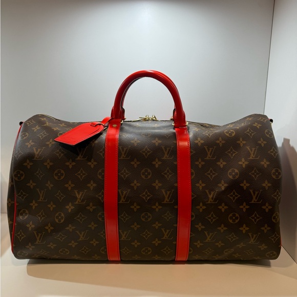 Louis Vuitton Monogram and Red Trim Keepall Bandouliere 50 - Picture 1 of 12
